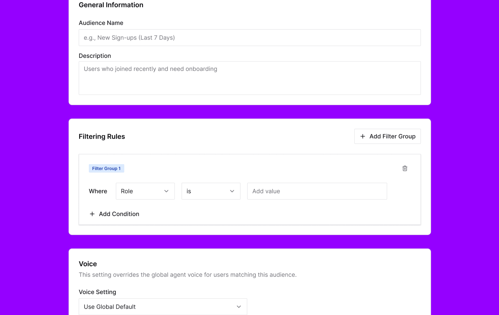 Cor Admin audience configuration with general information, filtering rules, and voice settings