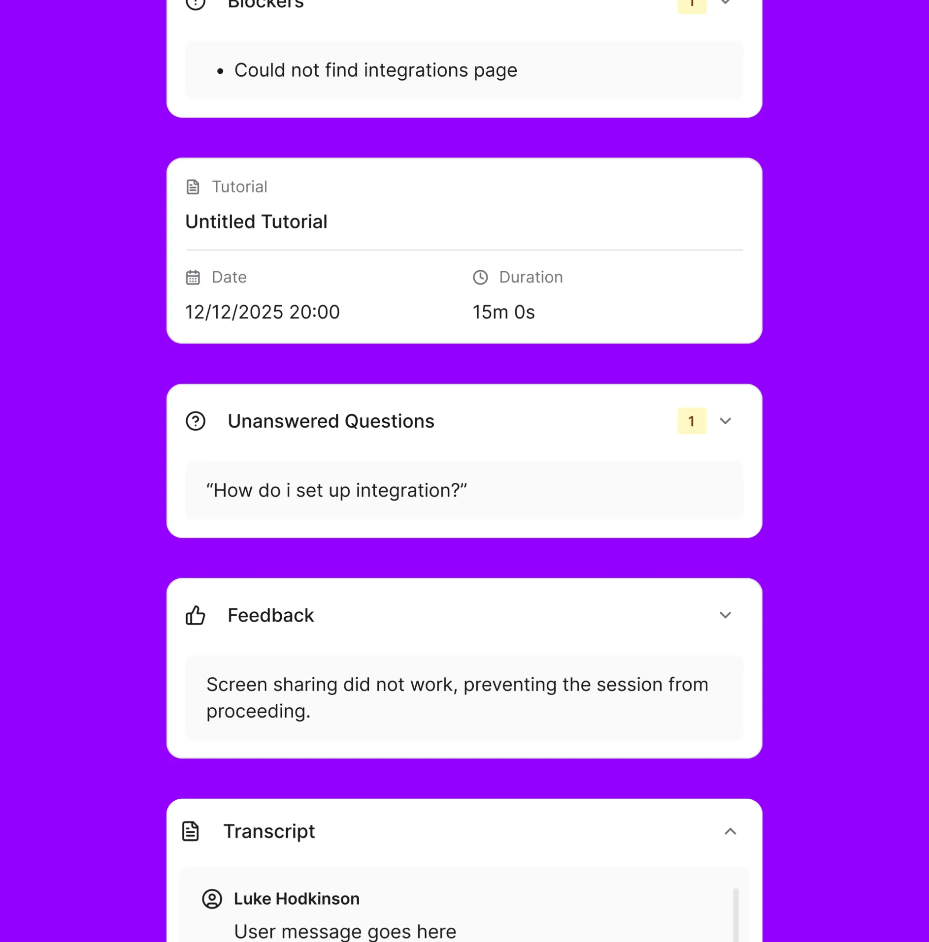 Session intelligence report showing blockers, tutorial summary, unanswered questions, feedback, and transcript