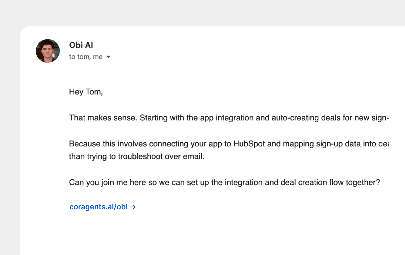 Obi AI proactively emails a customer to arrange a session