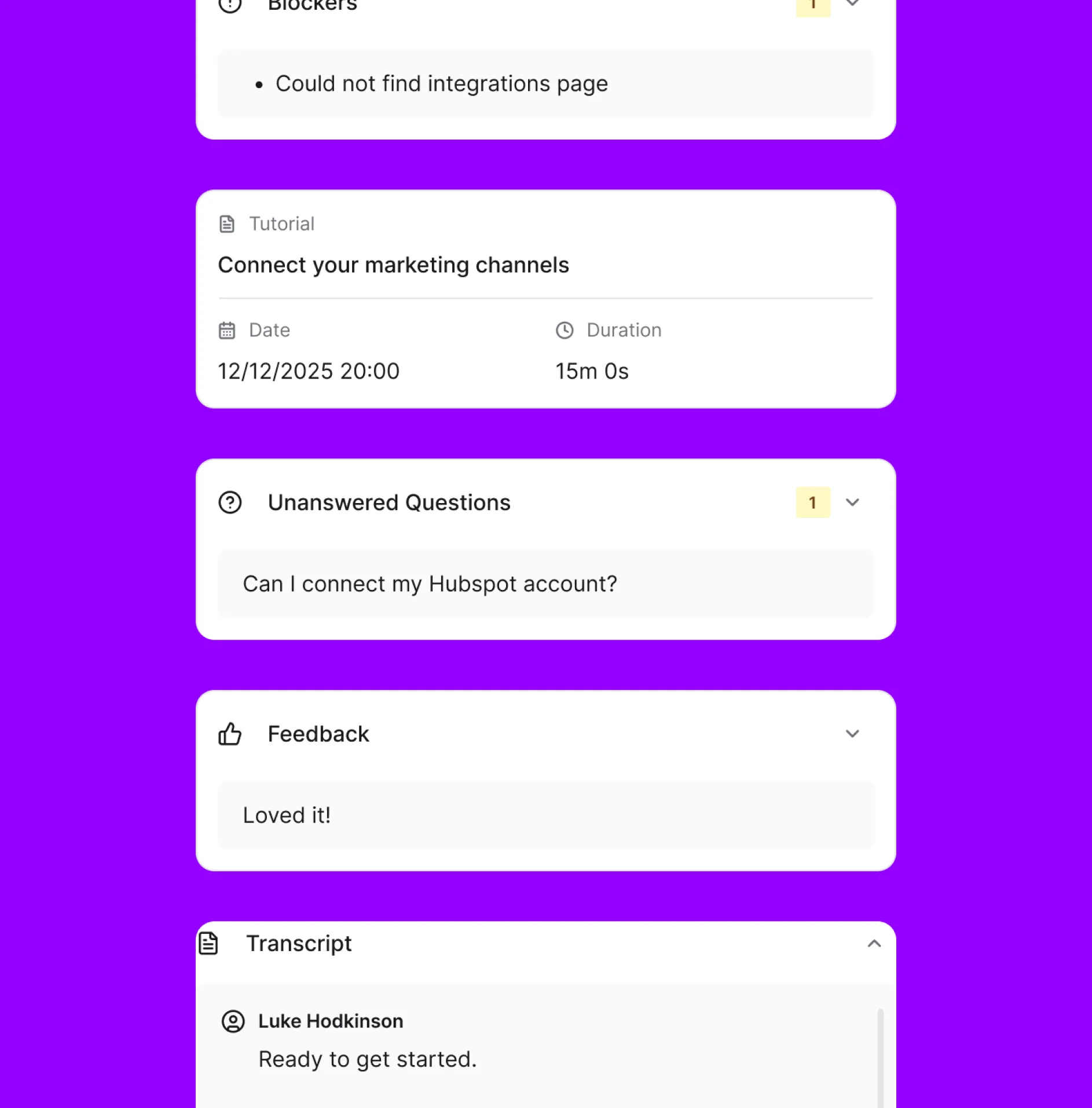 Onboarding report summary with tutorial, unanswered questions, feedback, and transcript cards