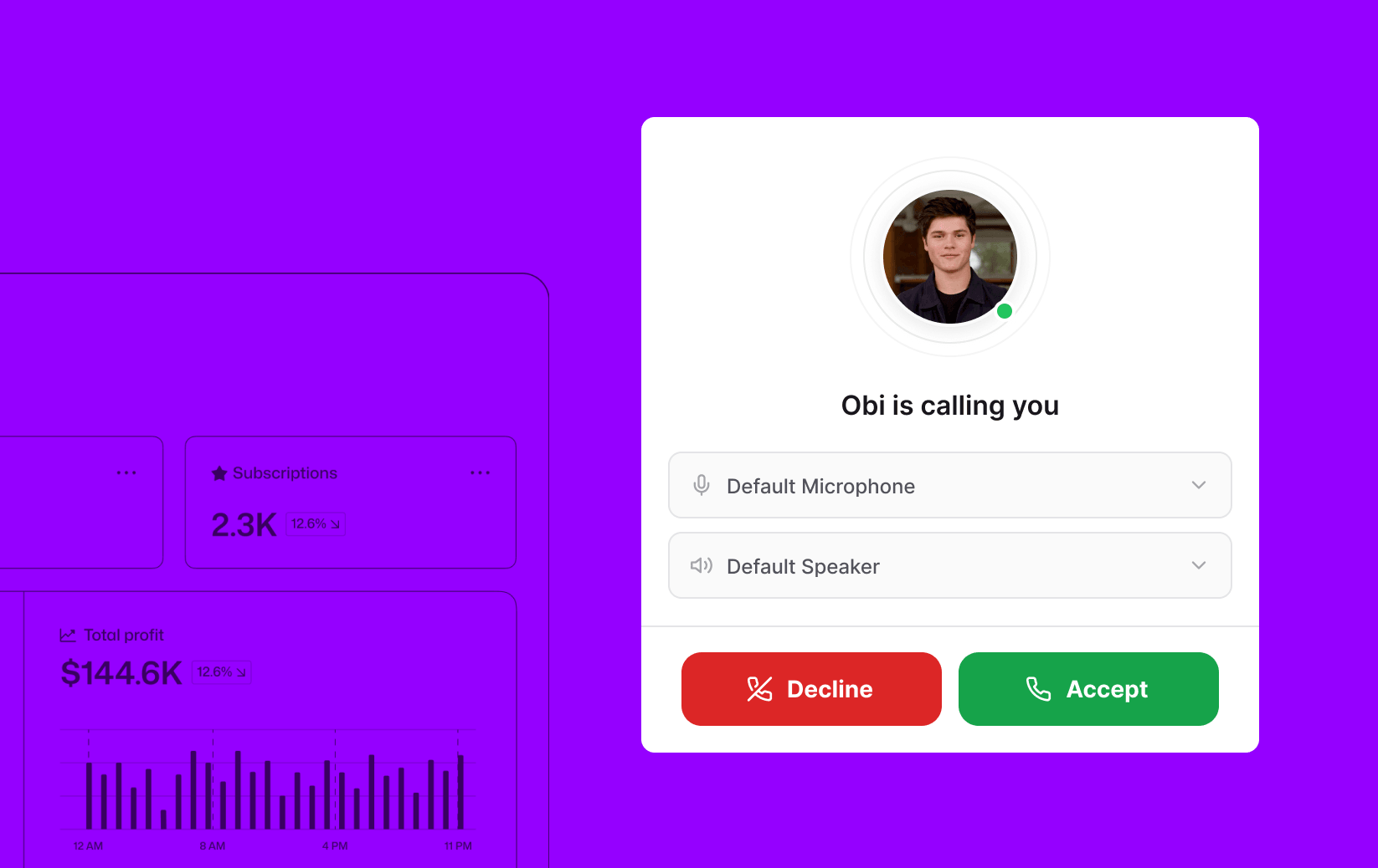 Obi greets a customer on a live call inside the Obi widget