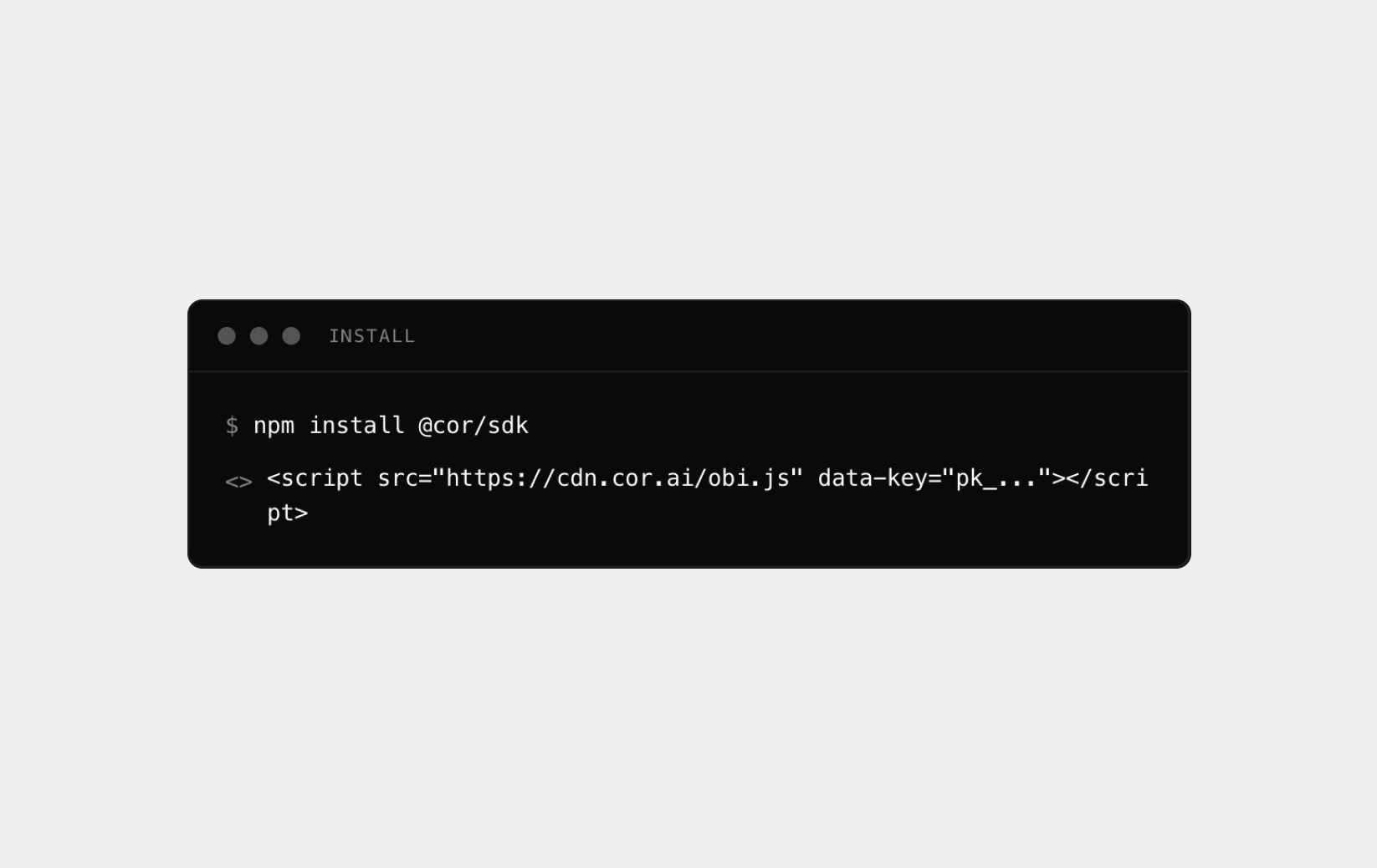 npm install @cor/sdk and CDN script tag in a terminal window