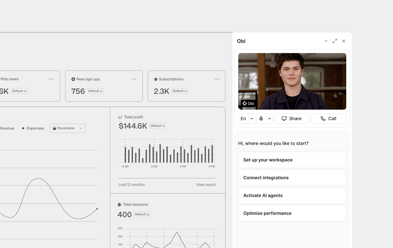 Obi widget live on a customer dashboard greeting a user