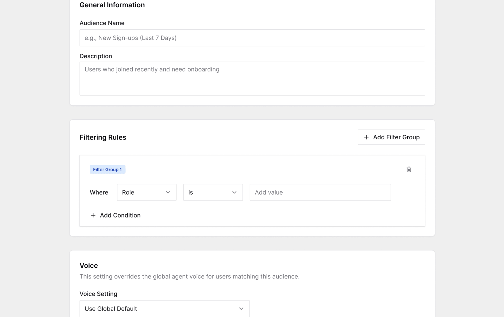 Cor Admin audience configuration with filtering rules and voice settings
