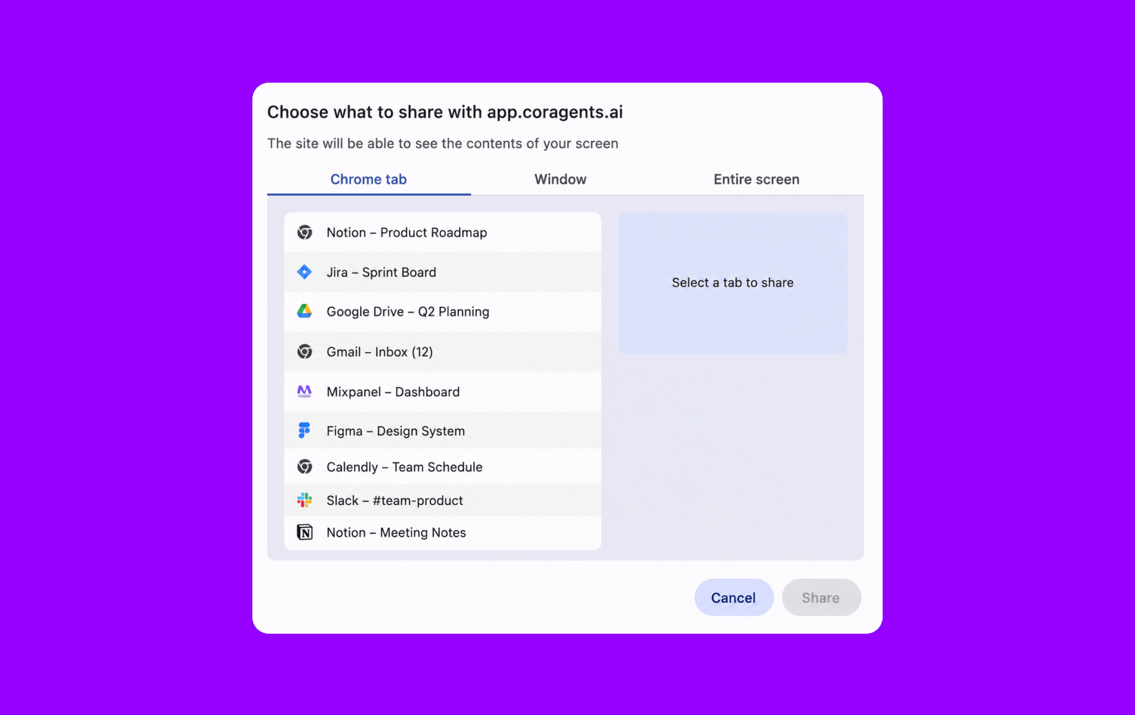 Chrome screen share picker for app.coragents.ai
